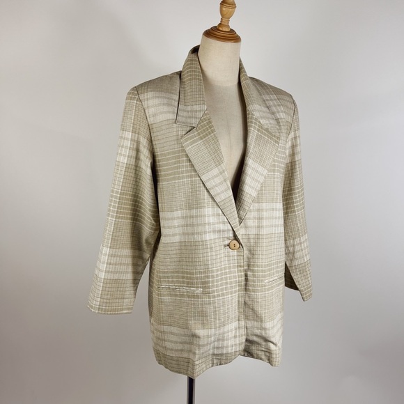 Vintage Jackets & Blazers - VINTAGE 90’s Neutral Plaid Linen Cotton Blend Womens Blazer Medium